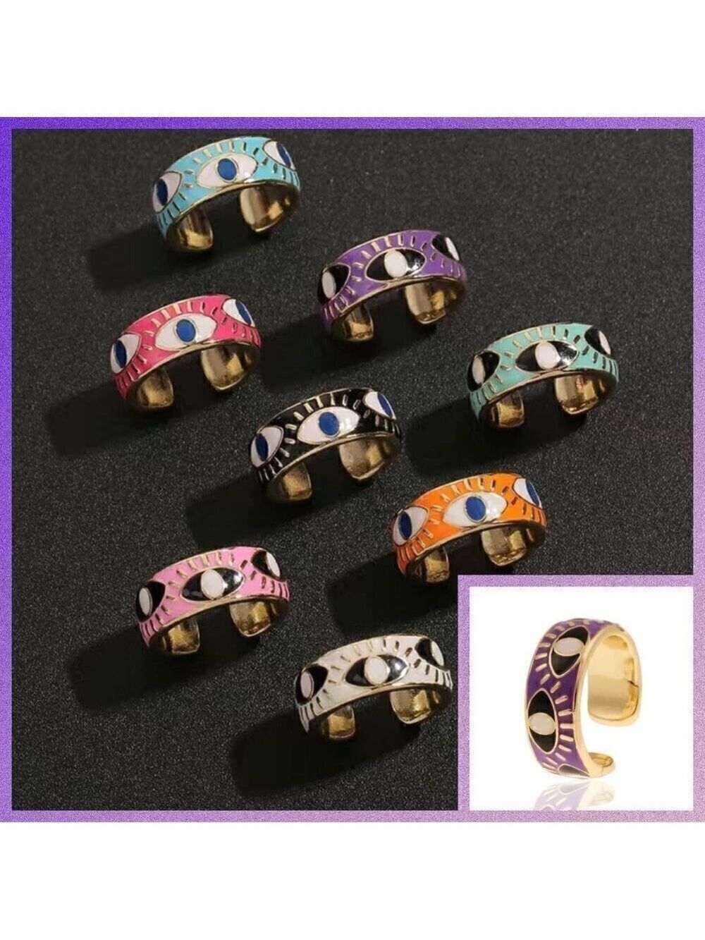 Evil Eye Enamel and Copper Adjustable Ring #1209 PURPLE